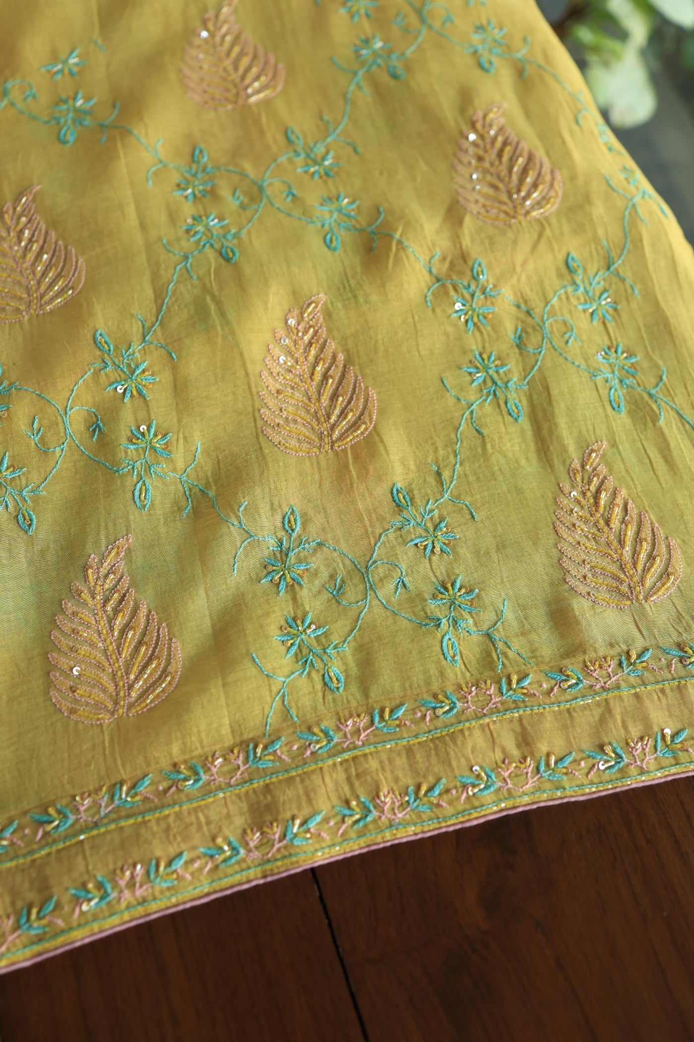 Mustard Yellow Mal Chanderi Silk Chikankari With Sequins Unstitched Kurta Dupatta Set