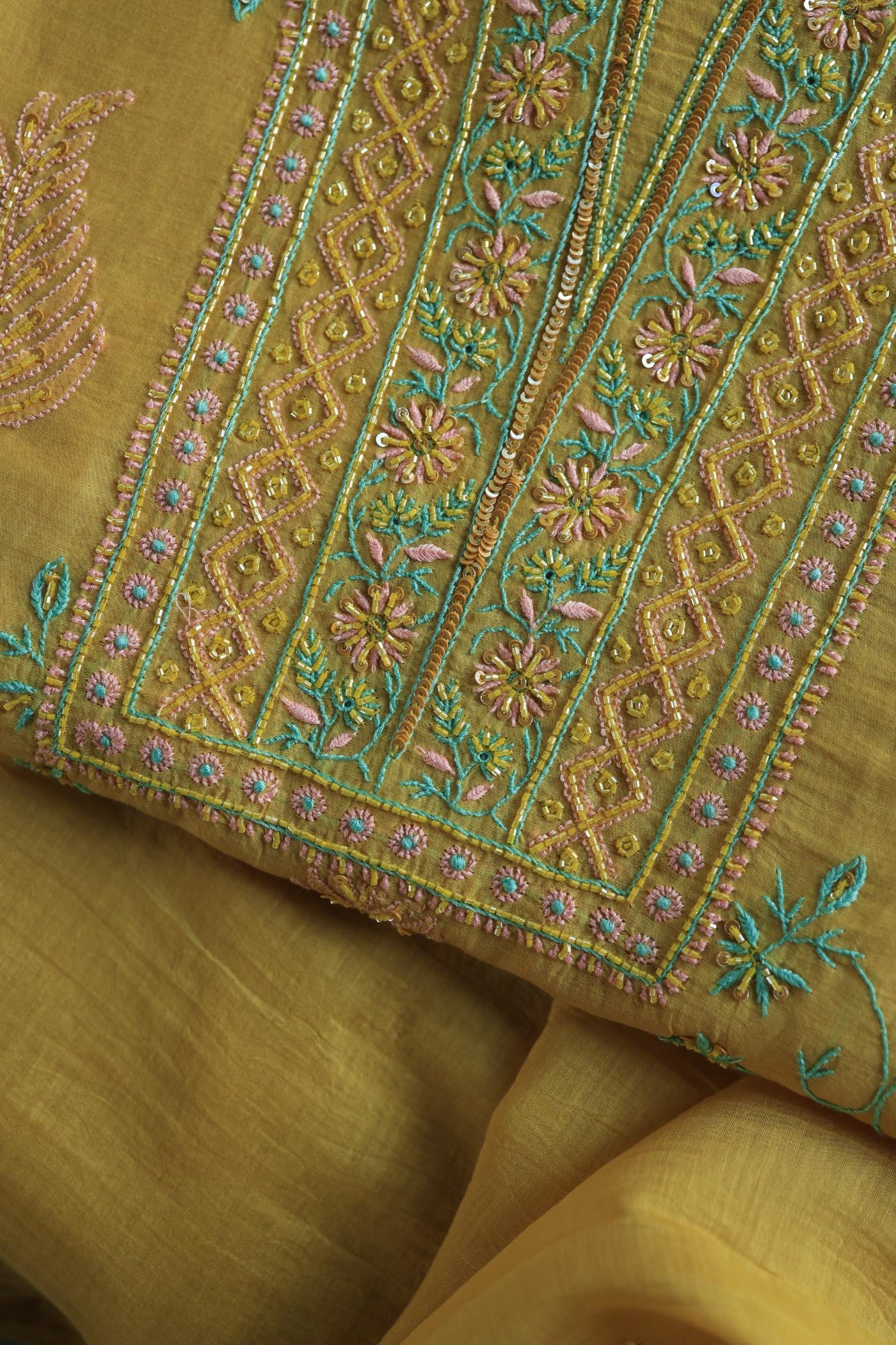 Mustard Yellow Mal Chanderi Silk Chikankari With Sequins Unstitched Kurta Dupatta Set