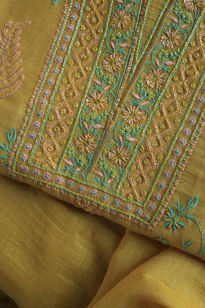 Mustard Yellow Mal Chanderi Silk Chikankari With Sequins Unstitched Kurta Dupatta Set