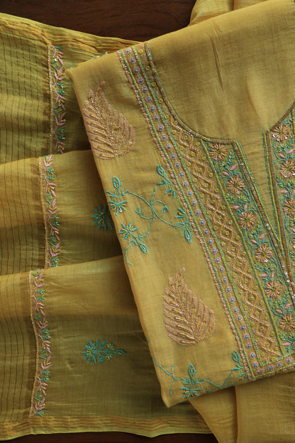 Mustard Yellow Mal Chanderi Silk Chikankari With Sequins Unstitched Kurta Dupatta Set