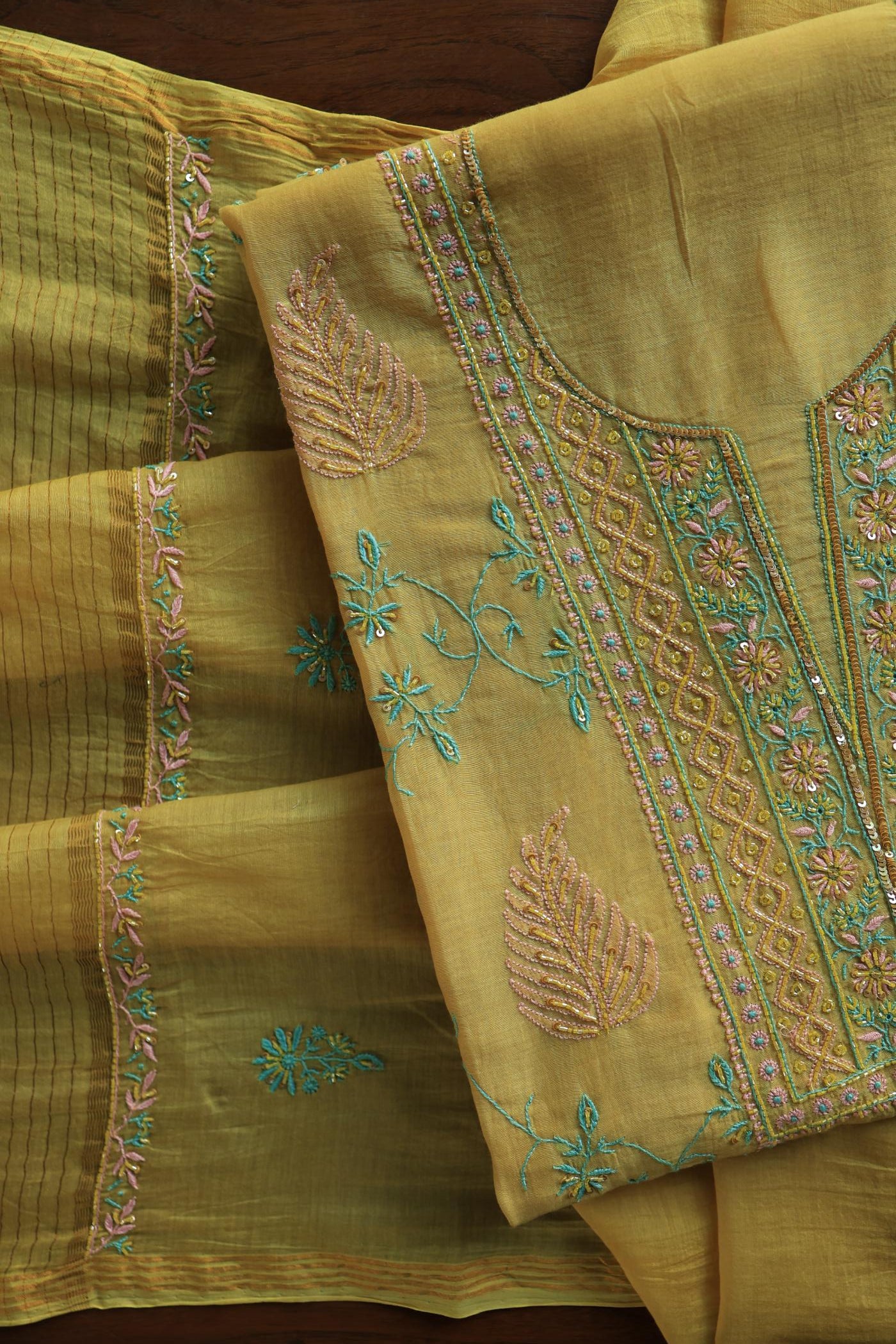 Mustard Yellow Mal Chanderi Silk Chikankari With Sequins Unstitched Kurta Dupatta Set