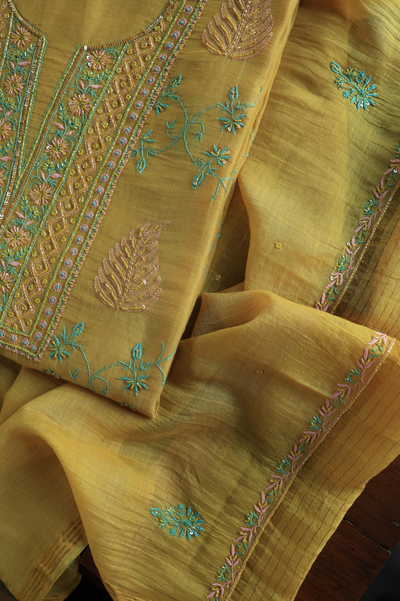 Mustard Yellow Mal Chanderi Silk Chikankari With Sequins Unstitched Kurta Dupatta Set