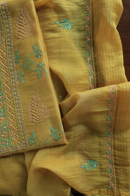 Mustard Yellow Mal Chanderi Silk Chikankari With Sequins Unstitched Kurta Dupatta Set