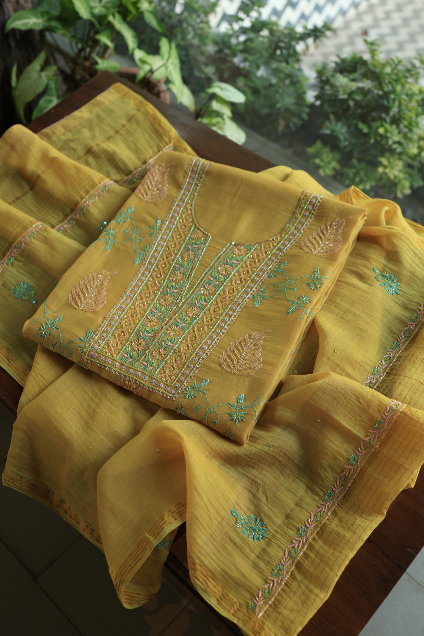 Mustard Yellow Mal Chanderi Silk Chikankari With Sequins Unstitched Kurta Dupatta Set