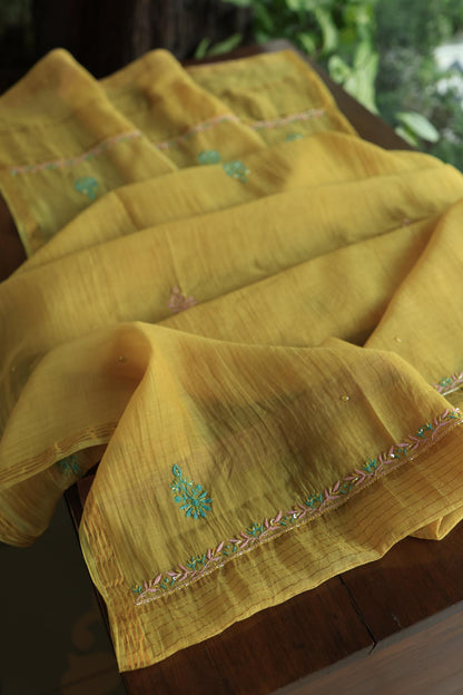 Mustard Yellow Mal Chanderi Silk Chikankari With Sequins Unstitched Kurta Dupatta Set
