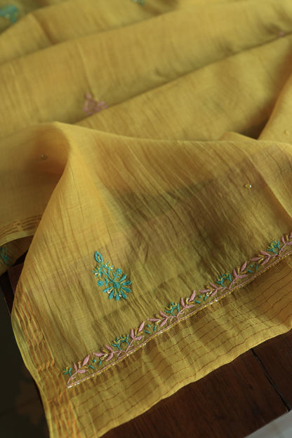 Mustard Yellow Mal Chanderi Silk Chikankari With Sequins Unstitched Kurta Dupatta Set