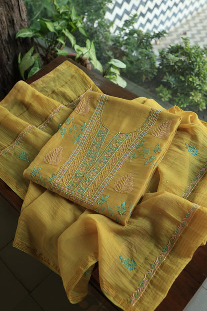 Mustard Yellow Mal Chanderi Silk Chikankari With Sequins Unstitched Kurta Dupatta Set
