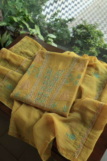Mustard Yellow Mal Chanderi Silk Chikankari With Sequins Unstitched Kurta Dupatta Set