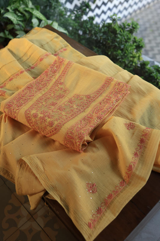 Mustard Yellow Mal Cotton Fine Chikankari With Kamdani Work Unstitched Fabric