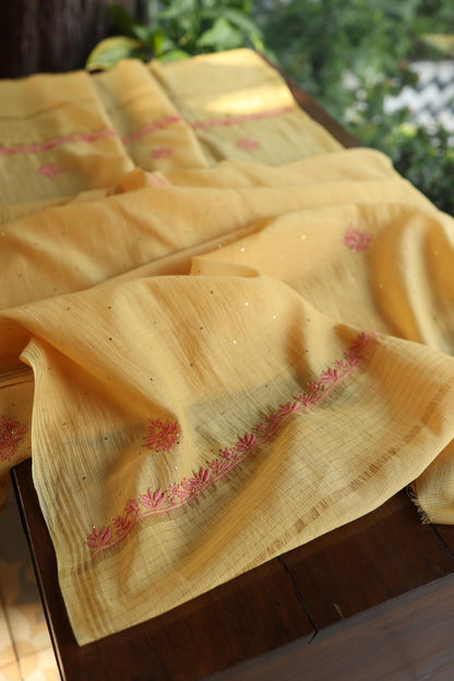 Mustard Yellow Mal Cotton Fine Chikankari With Kamdani Work Unstitched Fabric