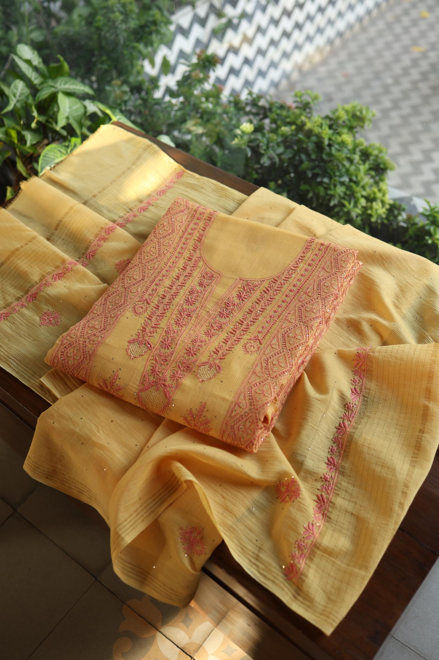 Mustard Yellow Mal Cotton Fine Chikankari With Kamdani Work Unstitched Fabric