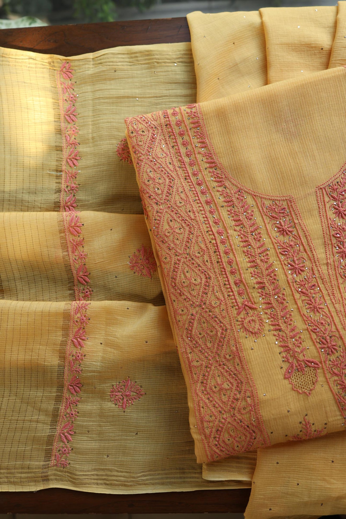 Mustard Yellow Mal Cotton Fine Chikankari With Kamdani Work Unstitched Fabric