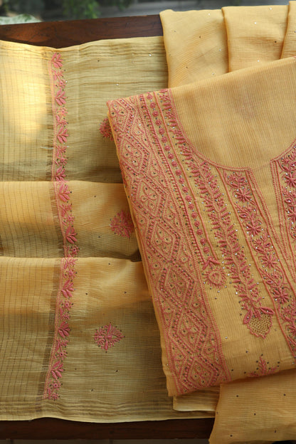 Mustard Yellow Mal Cotton Fine Chikankari With Kamdani Work Unstitched Fabric