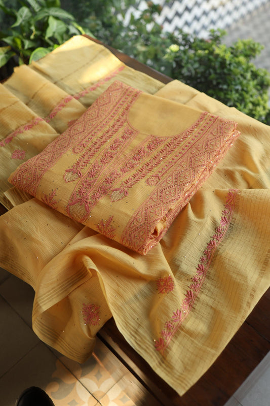 Mustard Yellow Mal Cotton Fine Chikankari With Kamdani Work Unstitched Fabric