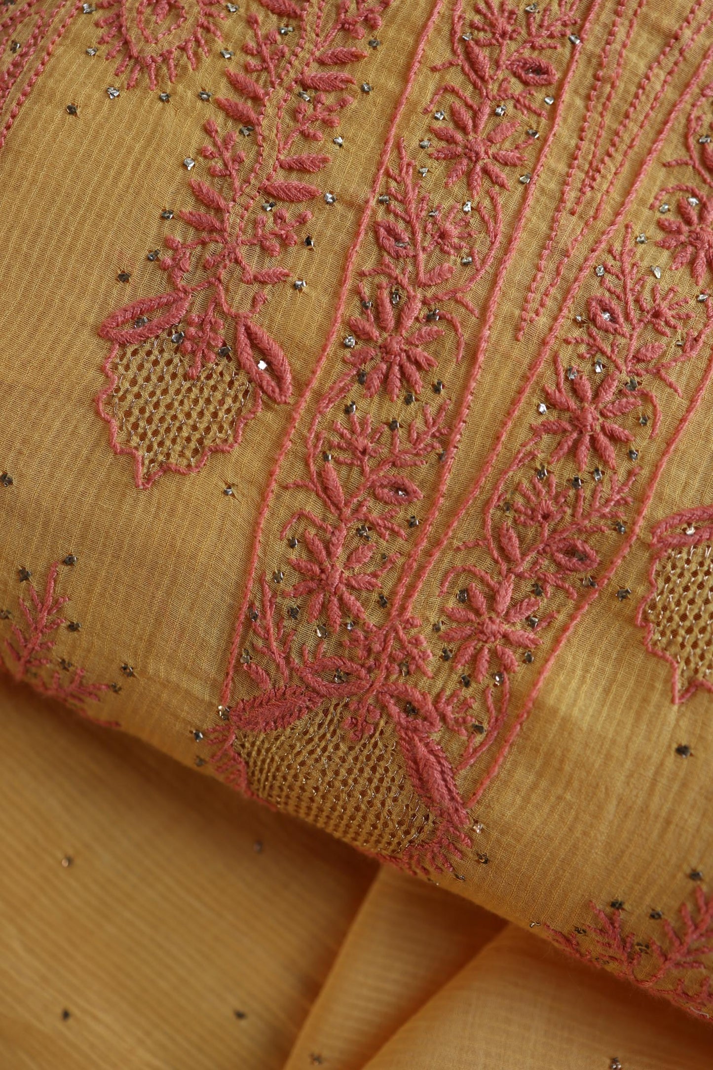 Mustard Yellow Mal Cotton Fine Chikankari With Kamdani Work Unstitched Fabric