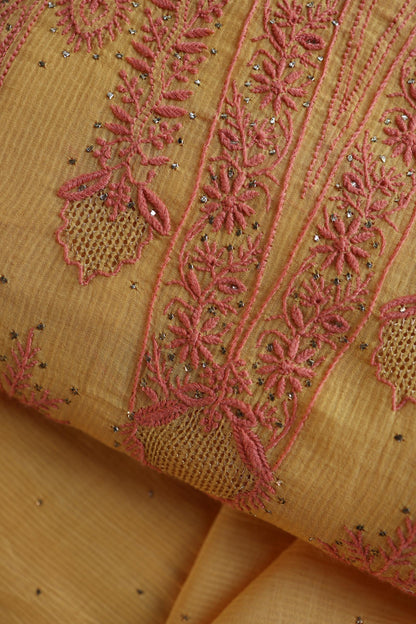 Mustard Yellow Mal Cotton Fine Chikankari With Kamdani Work Unstitched Fabric