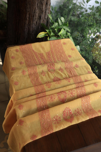 Mustard Yellow Mal Cotton Fine Chikankari With Kamdani Work Unstitched Fabric