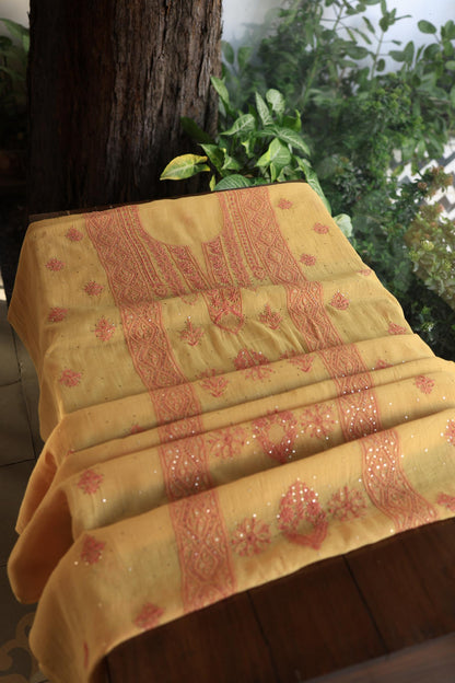 Mustard Yellow Mal Cotton Fine Chikankari With Kamdani Work Unstitched Fabric