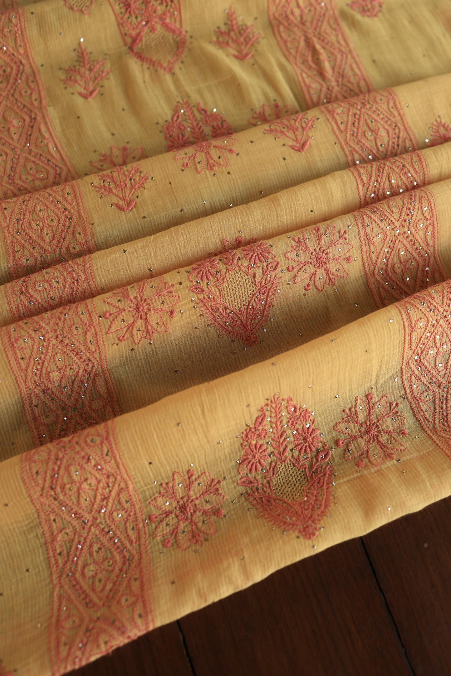 Mustard Yellow Mal Cotton Fine Chikankari With Kamdani Work Unstitched Fabric