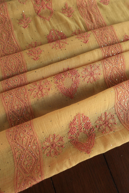 Mustard Yellow Mal Cotton Fine Chikankari With Kamdani Work Unstitched Fabric