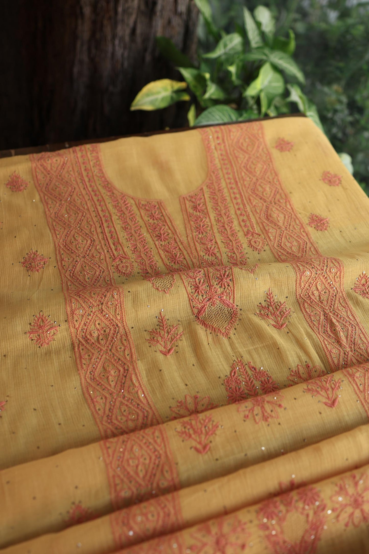 Mustard Yellow Mal Cotton Fine Chikankari With Kamdani Work Unstitched Fabric