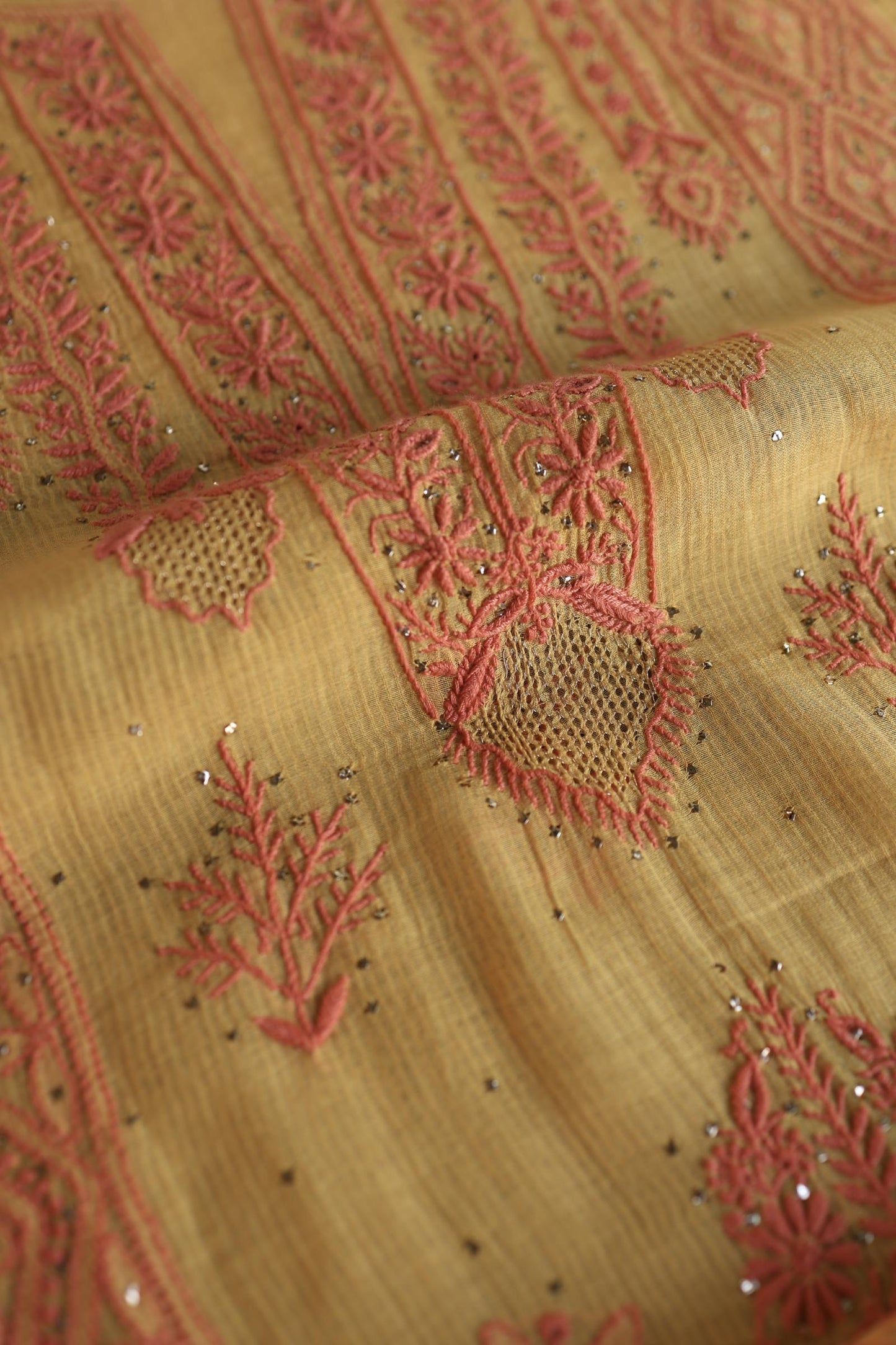 Mustard Yellow Mal Cotton Fine Chikankari With Kamdani Work Unstitched Fabric