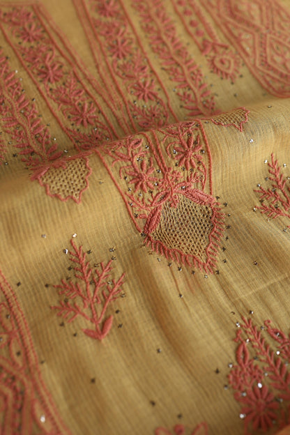 Mustard Yellow Mal Cotton Fine Chikankari With Kamdani Work Unstitched Fabric