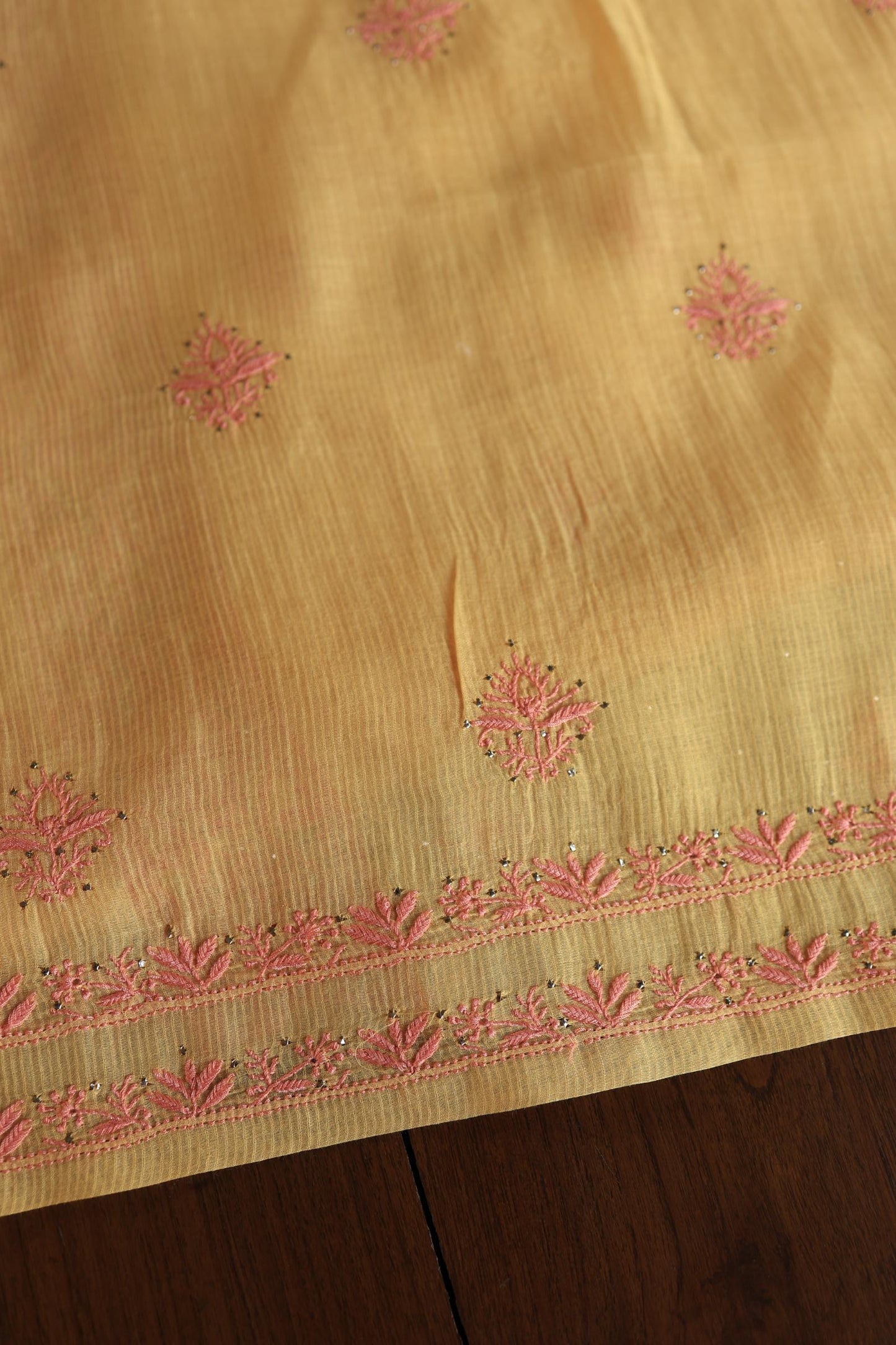 Mustard Yellow Mal Cotton Fine Chikankari With Kamdani Work Unstitched Fabric