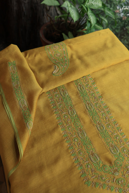 Mustard Yellow Moonga Silk Chikankari Men’s Kurta Fabrics