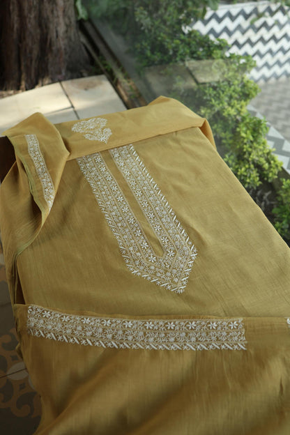 Mustard Yellow Mulmul Chikankari Unstitched Men's Kurtas Fabric