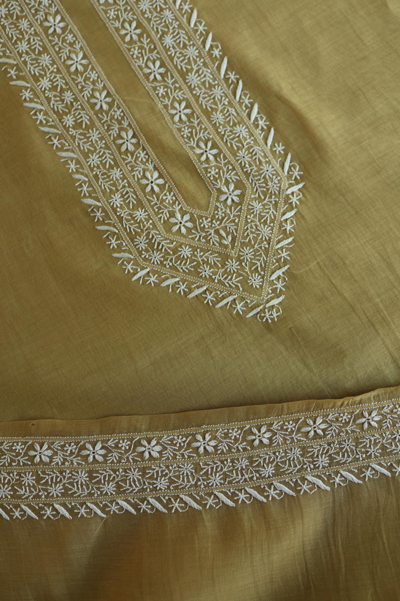 Mustard Yellow Mulmul Chikankari Unstitched Men's Kurtas Fabric