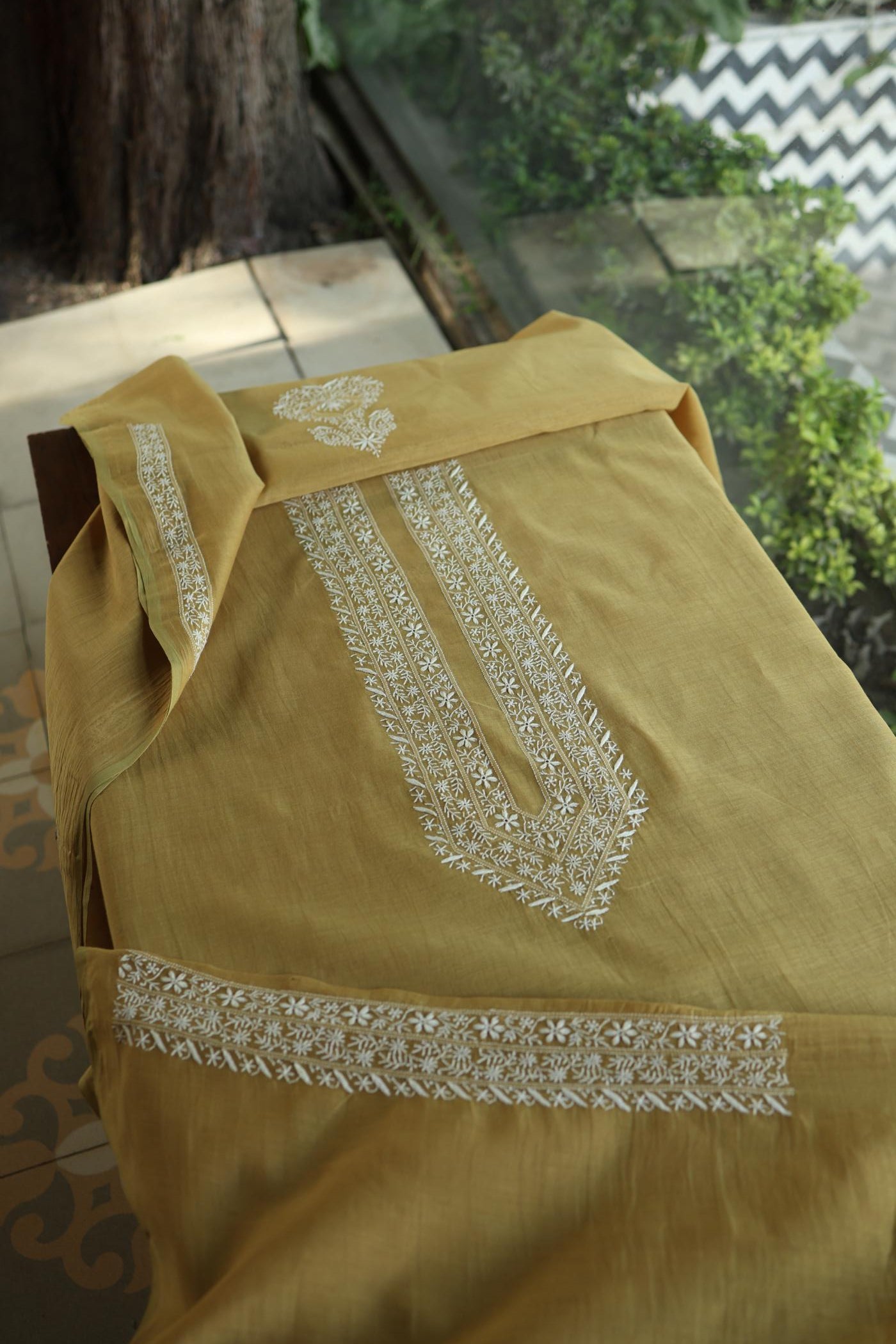Mustard Yellow Mulmul Chikankari Unstitched Men's Kurtas Fabric