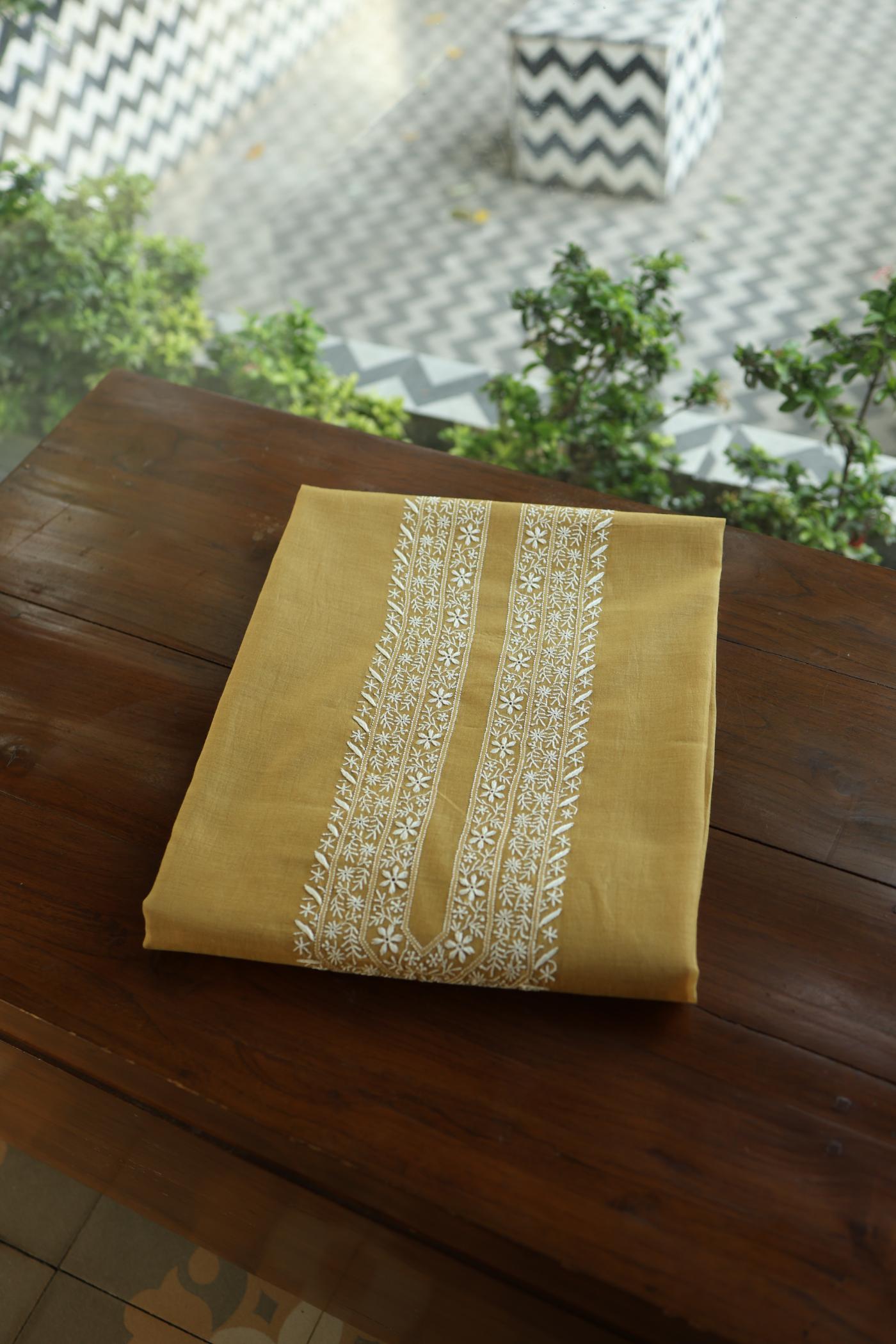 Mustard Yellow Mulmul Chikankari Unstitched Men's Kurtas Fabric