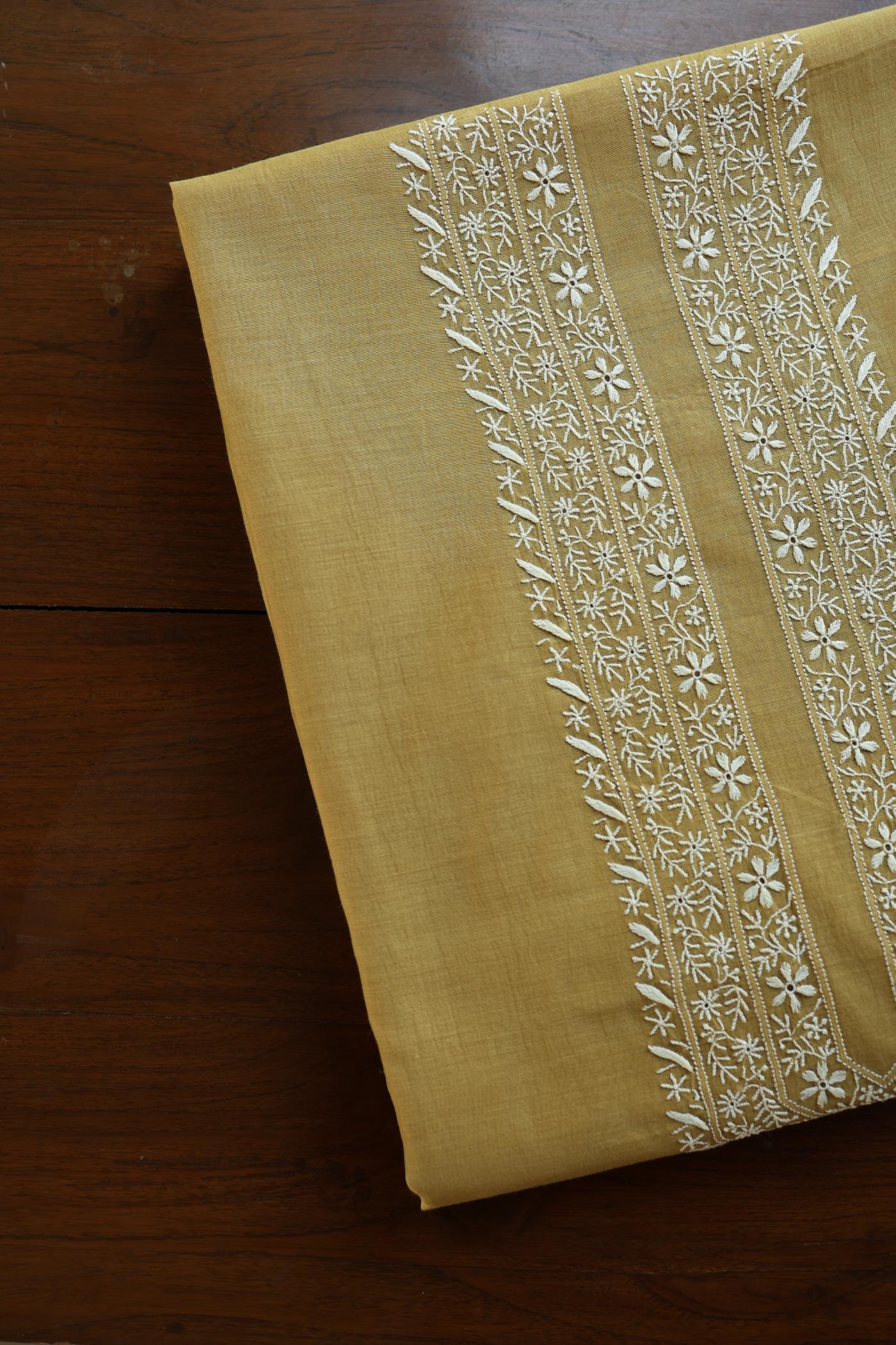 Mustard Yellow Mulmul Chikankari Unstitched Men's Kurtas Fabric