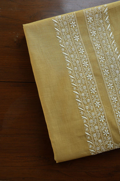 Mustard Yellow Mulmul Chikankari Unstitched Men's Kurtas Fabric