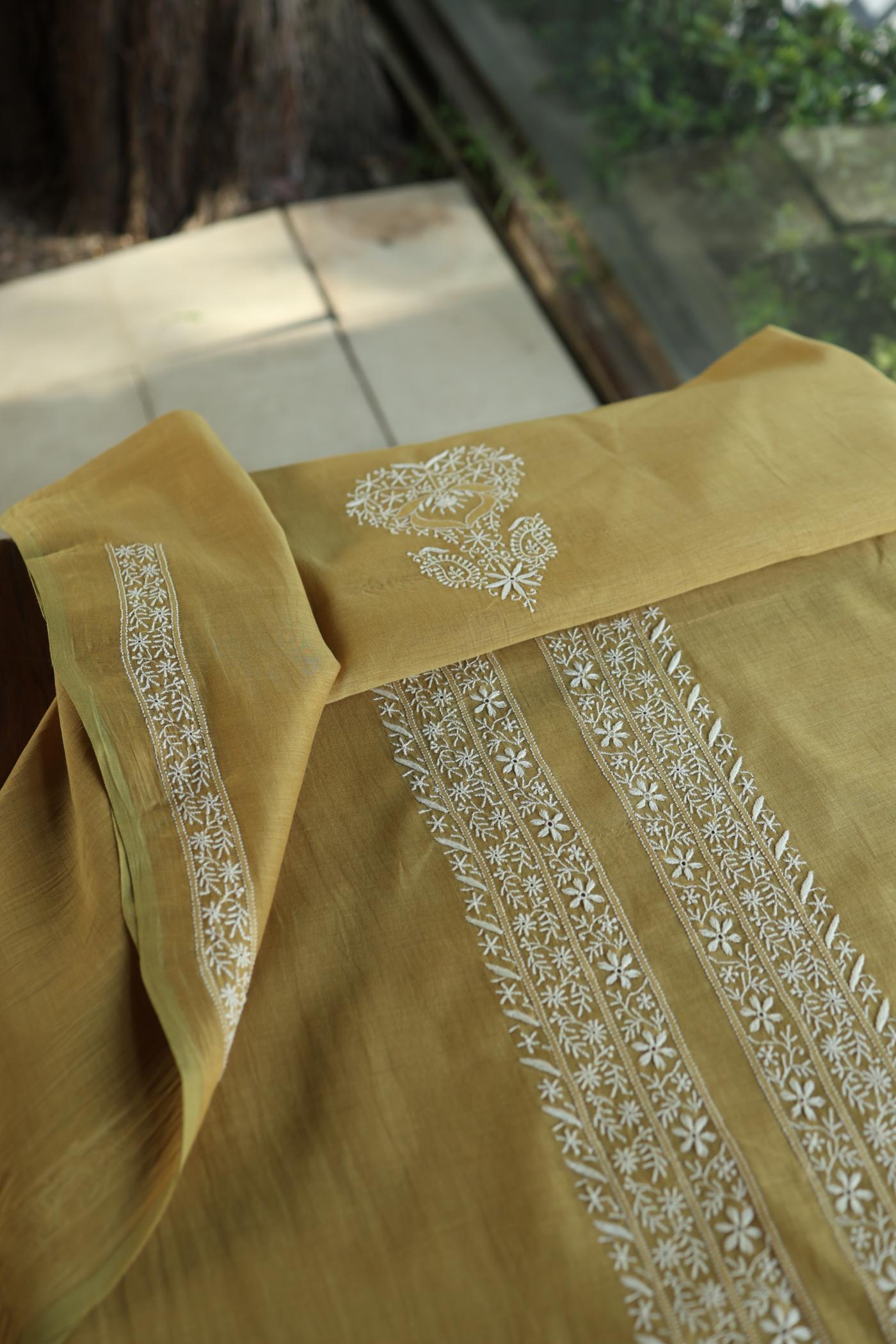 Mustard Yellow Mulmul Chikankari Unstitched Men's Kurtas Fabric