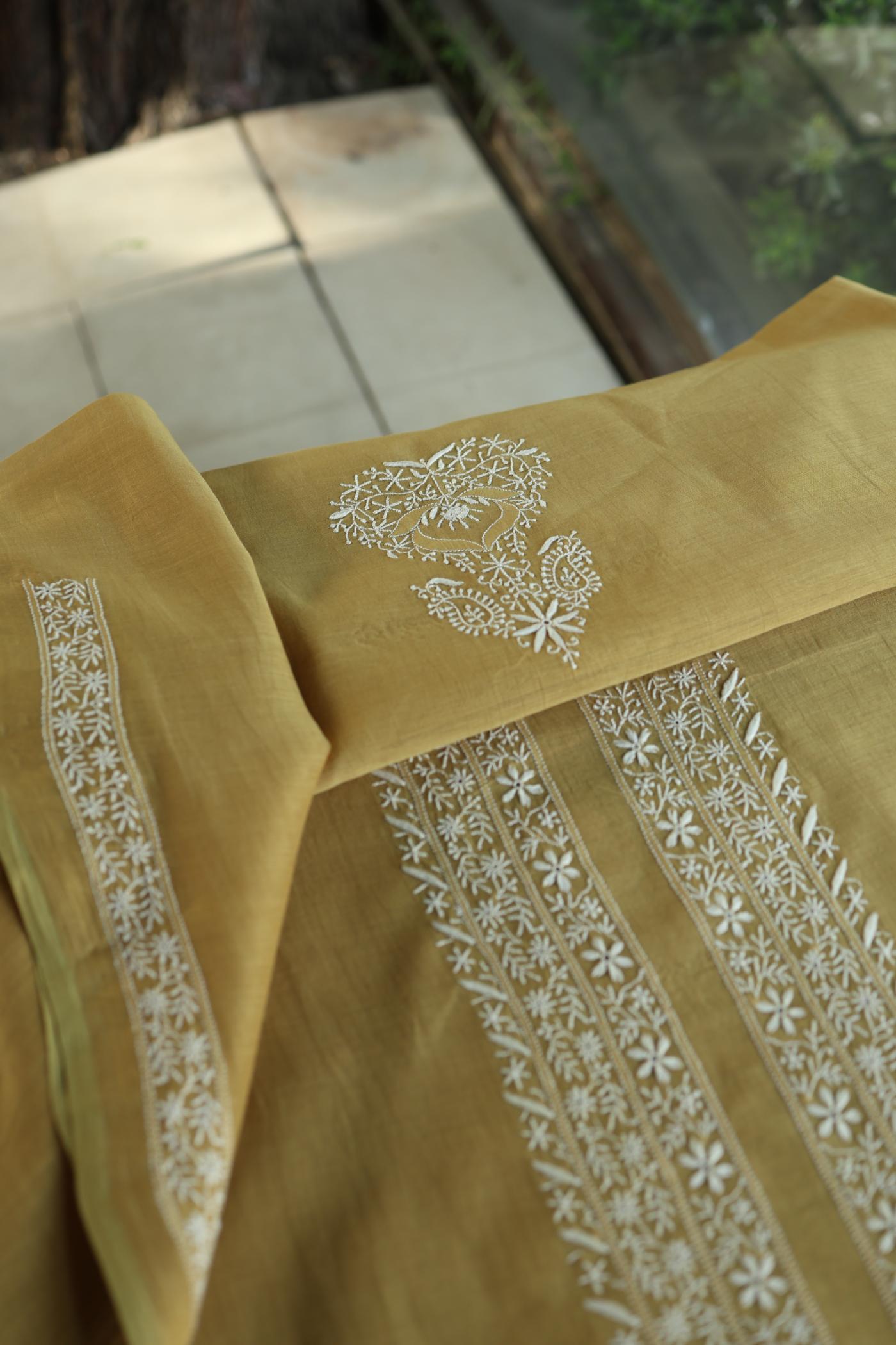 Mustard Yellow Mulmul Chikankari Unstitched Men's Kurtas Fabric