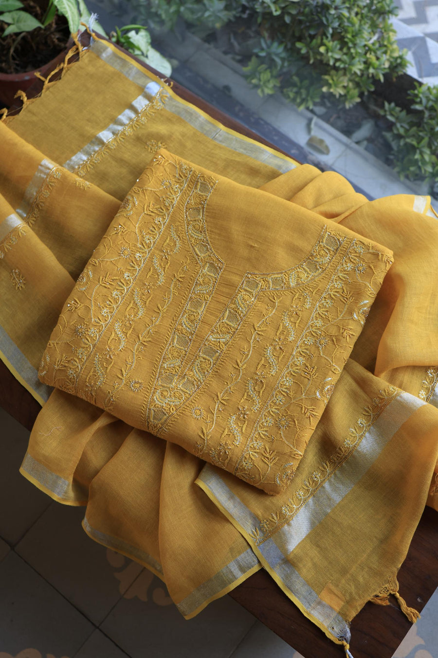 Mustard Yellow Shade Rasm Silk Chikankari With Ari Work Unstitched Kurta Dupatta Set
