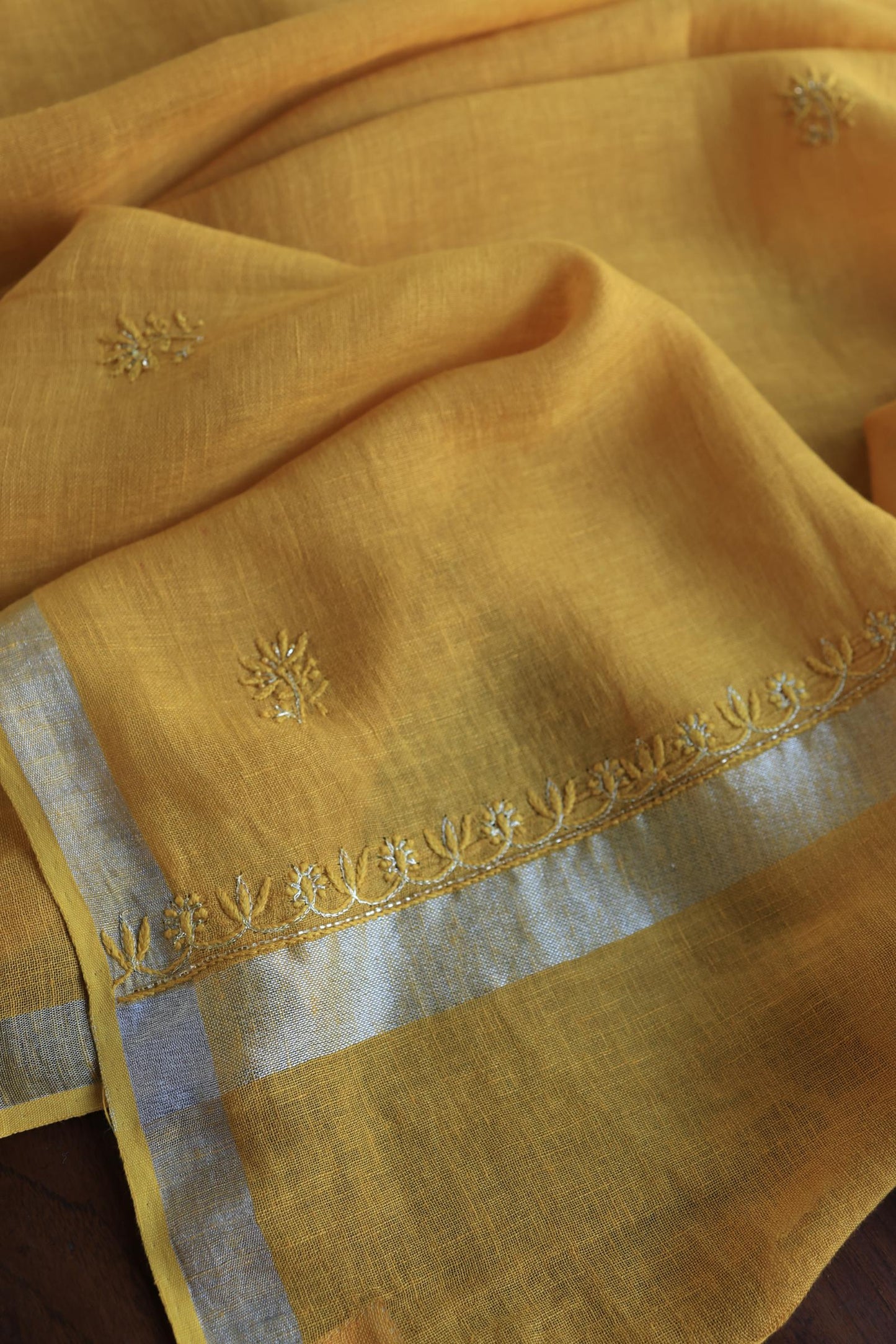 Mustard Yellow Shade Rasm Silk Chikankari With Ari Work Unstitched Kurta Dupatta Set