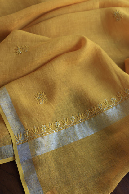 Mustard Yellow Shade Rasm Silk Chikankari With Ari Work Unstitched Kurta Dupatta Set