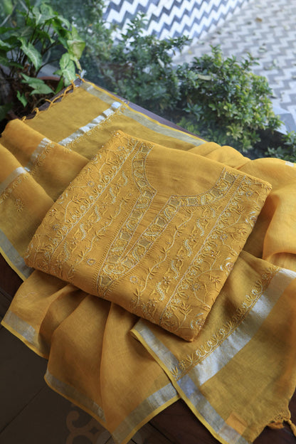 Mustard Yellow Shade Rasm Silk Chikankari With Ari Work Unstitched Kurta Dupatta Set