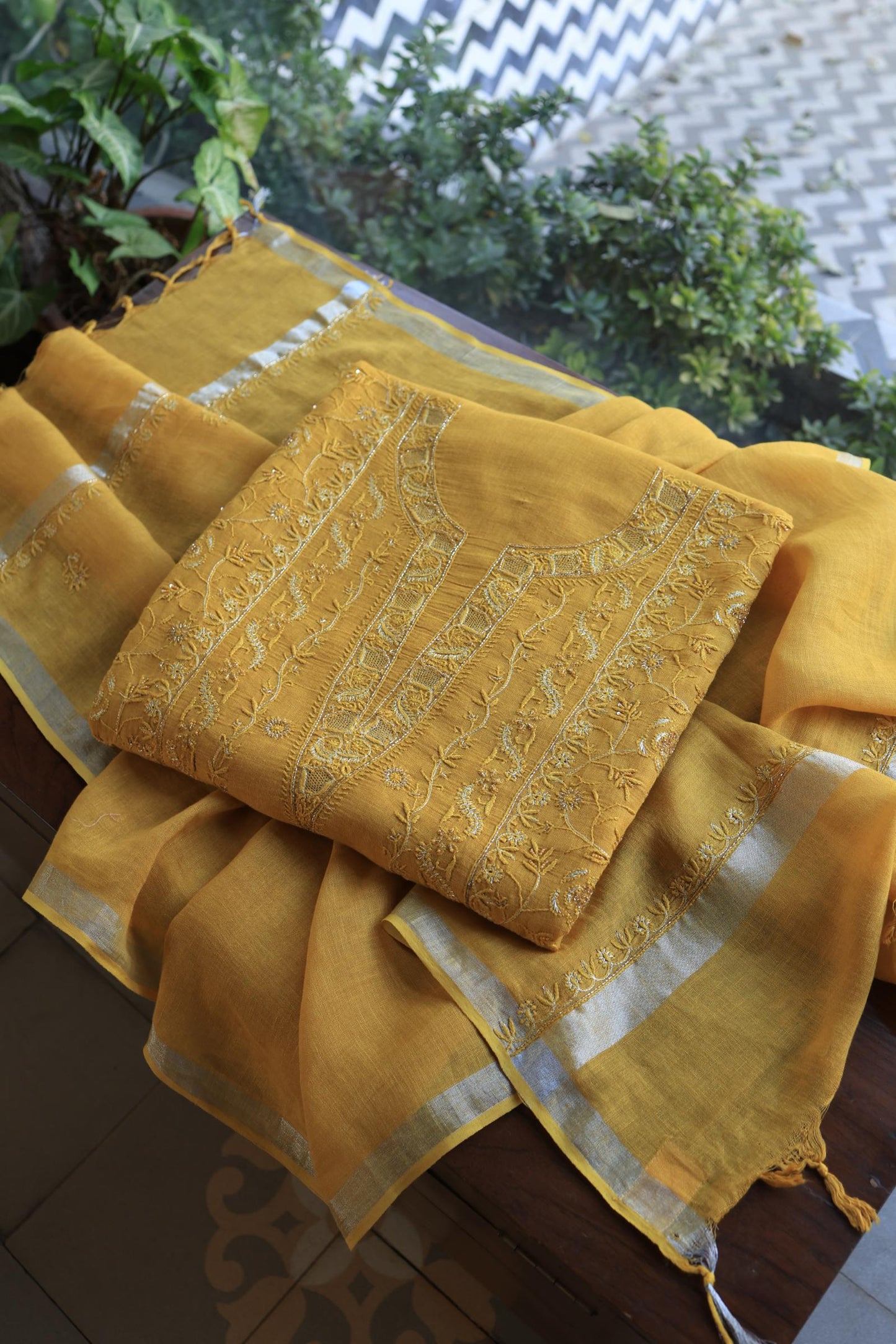 Mustard Yellow Shade Rasm Silk Chikankari With Ari Work Unstitched Kurta Dupatta Set