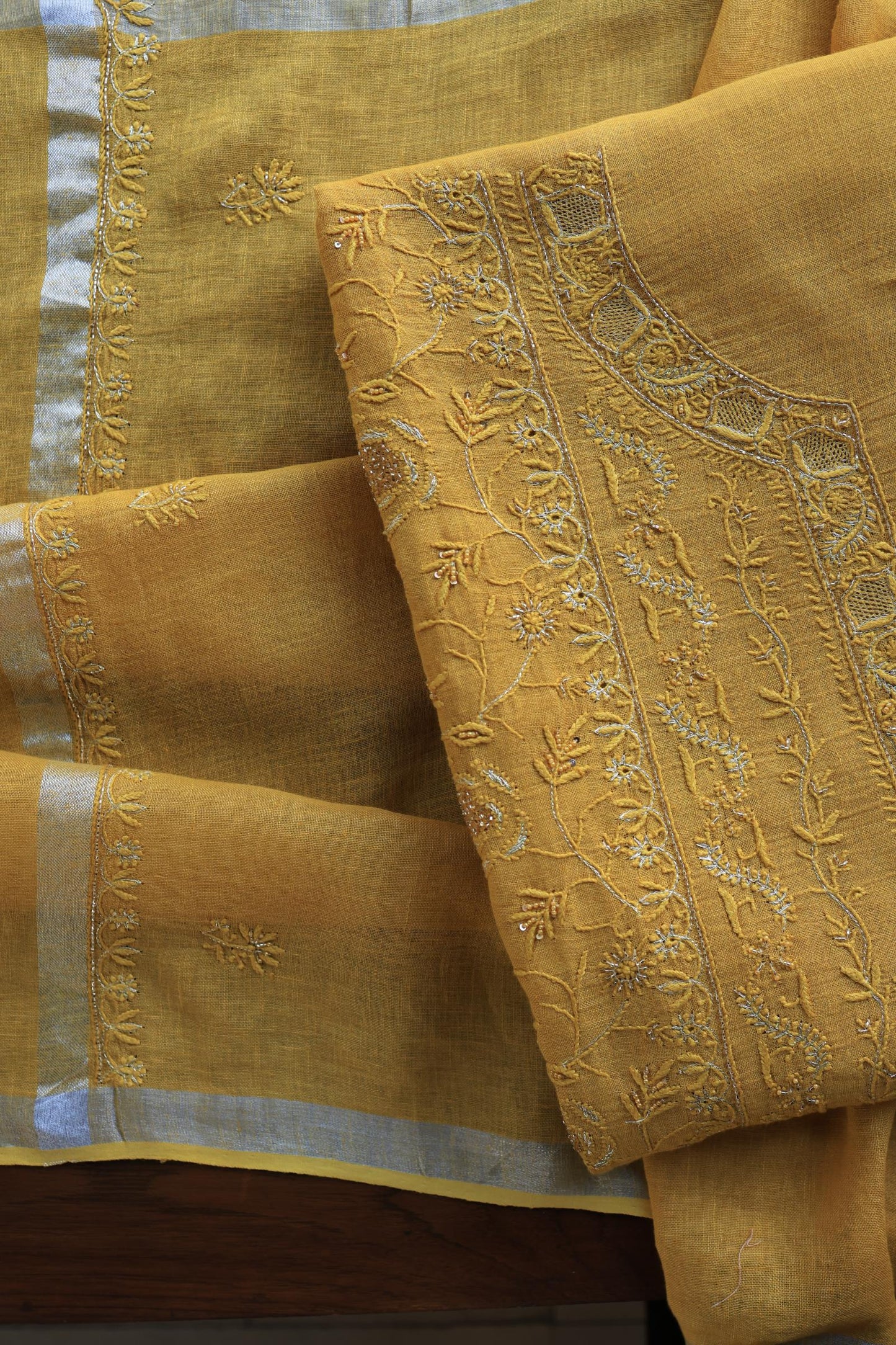 Mustard Yellow Shade Rasm Silk Chikankari With Ari Work Unstitched Kurta Dupatta Set