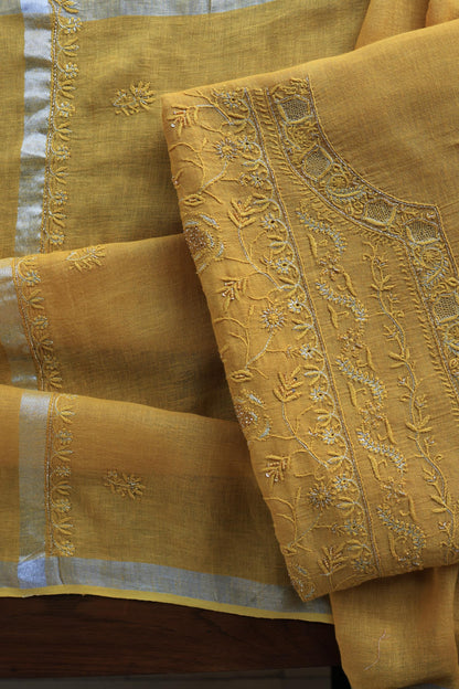 Mustard Yellow Shade Rasm Silk Chikankari With Ari Work Unstitched Kurta Dupatta Set