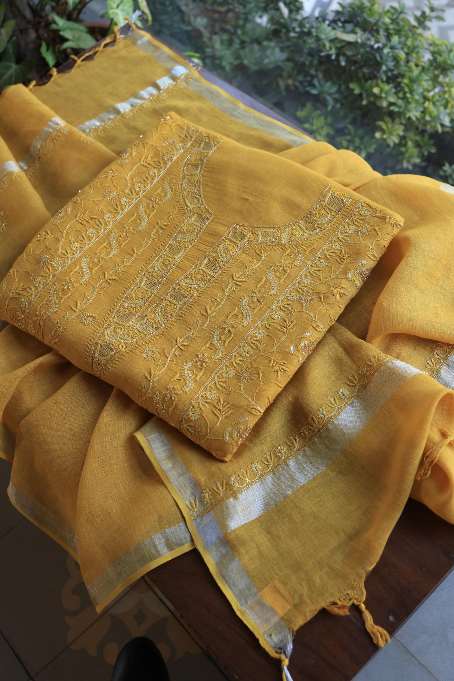 Mustard Yellow Shade Rasm Silk Chikankari With Ari Work Unstitched Kurta Dupatta Set