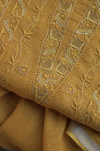 Mustard Yellow Shade Rasm Silk Chikankari With Ari Work Unstitched Kurta Dupatta Set