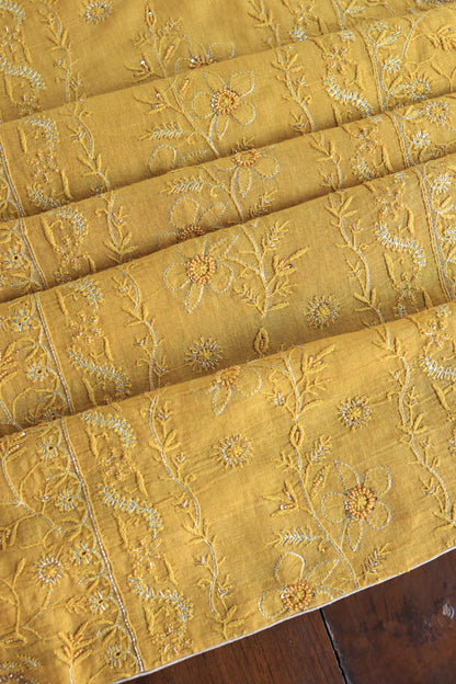 Mustard Yellow Shade Rasm Silk Chikankari With Ari Work Unstitched Kurta Dupatta Set