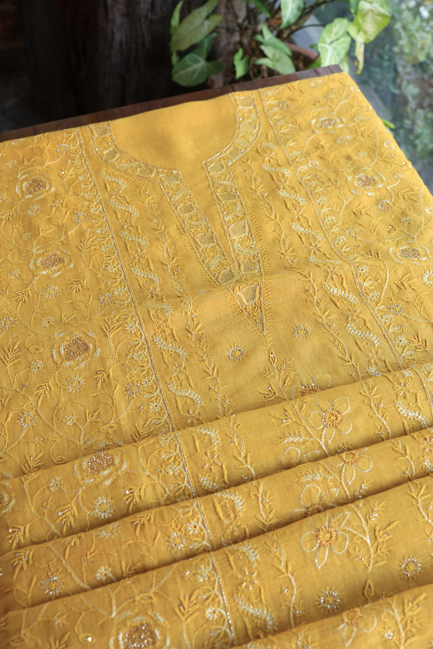 Mustard Yellow Shade Rasm Silk Chikankari With Ari Work Unstitched Kurta Dupatta Set
