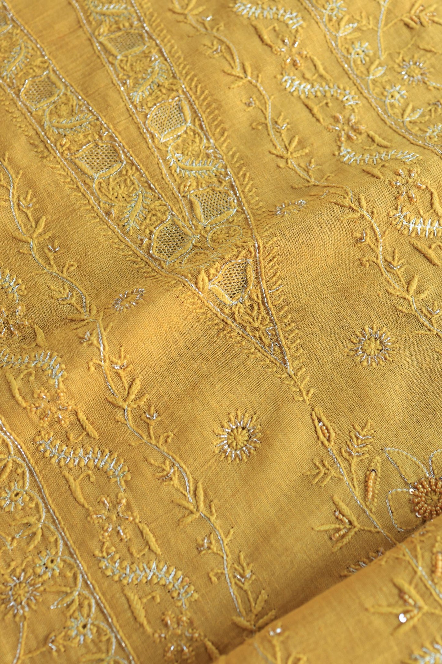 Mustard Yellow Shade Rasm Silk Chikankari With Ari Work Unstitched Kurta Dupatta Set