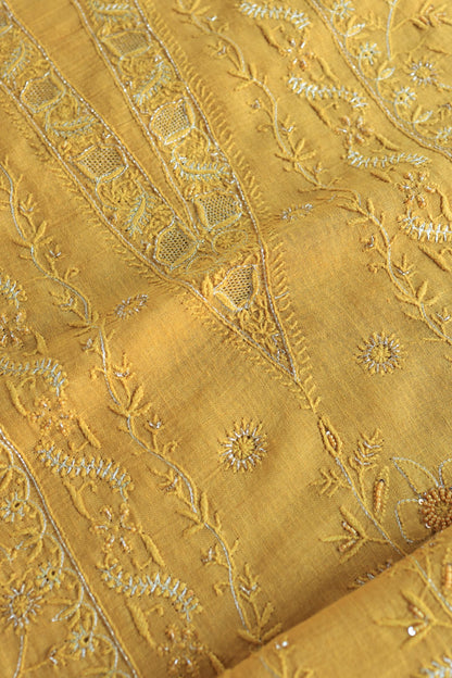 Mustard Yellow Shade Rasm Silk Chikankari With Ari Work Unstitched Kurta Dupatta Set